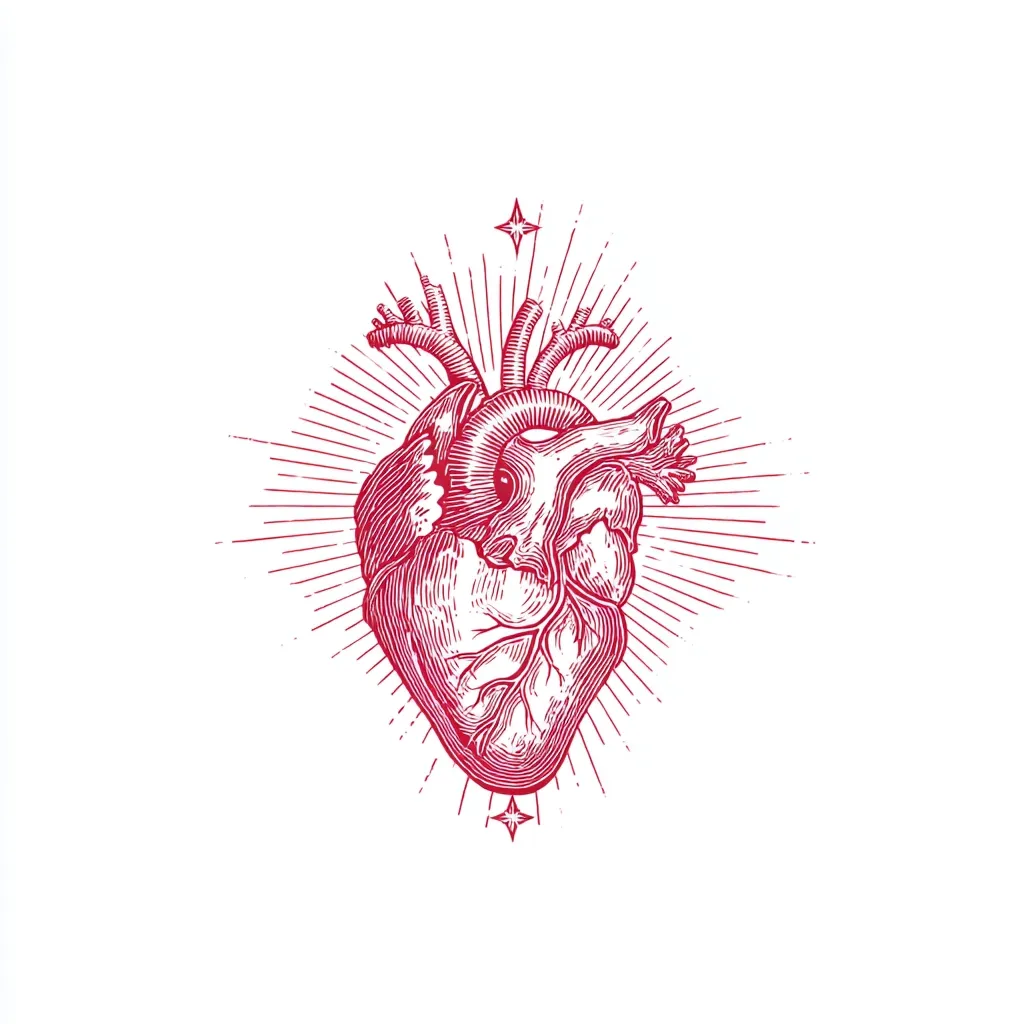 A detailed, red anatomical heart is depicted in a woodcut style.  Surrounding the heart are radiating lines, creating a sunburst effect.  Small stars are positioned above and below the heart, adding a celestial or spiritual element to the image. The overall aesthetic is vintage and symbolic.