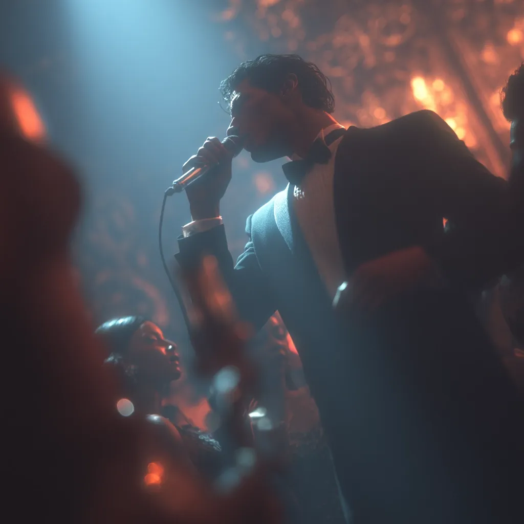 A man in a tuxedo sings into a microphone on a dimly lit stage.  The atmosphere is smoky and intimate, with blurry figures of an audience visible in the foreground.  The singer is bathed in a cool blue light, contrasting with the warmer tones of the background. He appears engrossed in his performance.  The scene evokes a feeling of a stylish, perhaps clandestine, musical event.