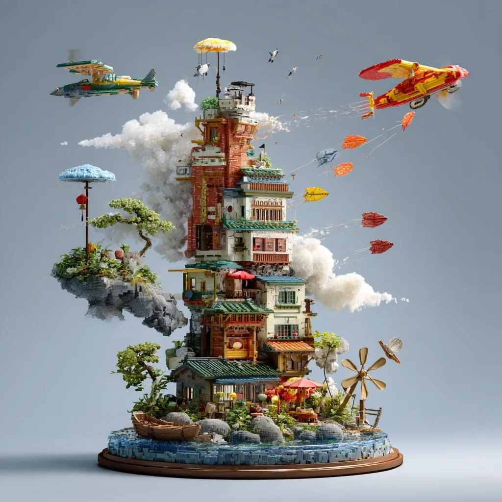 A whimsical, miniature cityscape floats amidst clouds, adorned with vibrant buildings, lush vegetation, and whimsical aircraft.  A central, multi-storied structure resembles an Asian-inspired tower, surrounded by smaller houses, boats, and windmills.  Brightly colored kites and umbrellas add to the fantastical atmosphere, creating a dreamlike, surreal scene.  The detailed miniature is set on a circular base, complete with a small body of water.