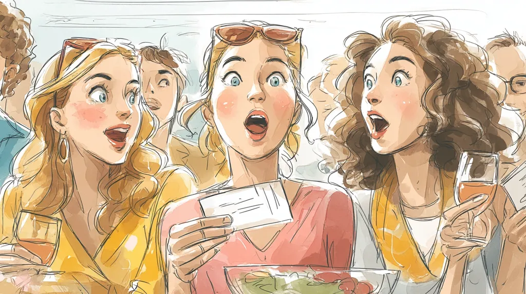 A group of women, with surprised expressions, are gathered together.  One woman holds a piece of paper, seemingly exciting news. They are enjoying drinks and a bowl of salad is visible in the foreground.  The illustration style is loose and expressive, capturing a moment of shared excitement and anticipation. The overall mood is joyful and convivial.