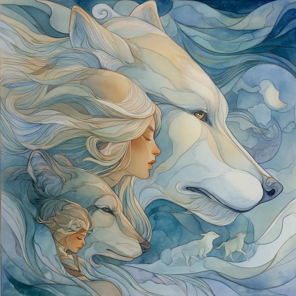 A watercolor painting depicts a serene scene of a woman with flowing blonde hair nestled against a large white wolf.  Smaller wolves and wolf pups are visible in the background, moving through a dreamy, swirling blue landscape. The overall style is ethereal and fantastical, suggesting a connection between the woman and the wolves.  The soft colors and delicate lines create a peaceful and magical atmosphere.
