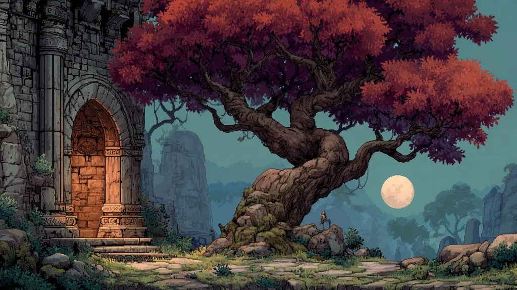 A pixel art landscape depicts a stone archway leading to a dimly lit interior, nestled beside a large, gnarled tree with crimson leaves.  A full moon hangs in the twilight sky above a serene, hilly landscape.  The scene evokes a sense of mystery and tranquility, possibly hinting at a forgotten ruin or mystical place.  A small figure is barely visible near the tree's base, adding to the enigmatic atmosphere.