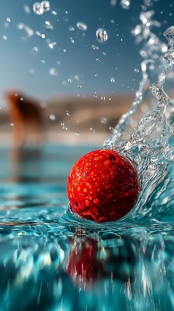 A vibrant red sphere, possibly a fruit or decorative object, splashes into teal water.  Water droplets scatter, creating a dynamic contrast against the clear blue sky in the background.  The image captures the moment of impact, showcasing the texture of both the object and the water's movement.  The overall effect is one of vivid color and energetic motion.