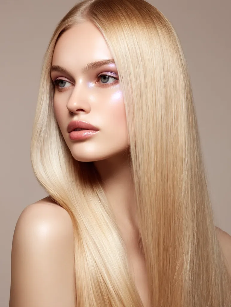 A young woman with long, straight, blonde hair is shown from the shoulders up.  She has subtle makeup, with a focus on glowing skin and a light pink eyeshadow. Her expression is serene and her gaze is directed slightly away from the camera.  The overall image is clean, polished, and emphasizes beauty and hair health.