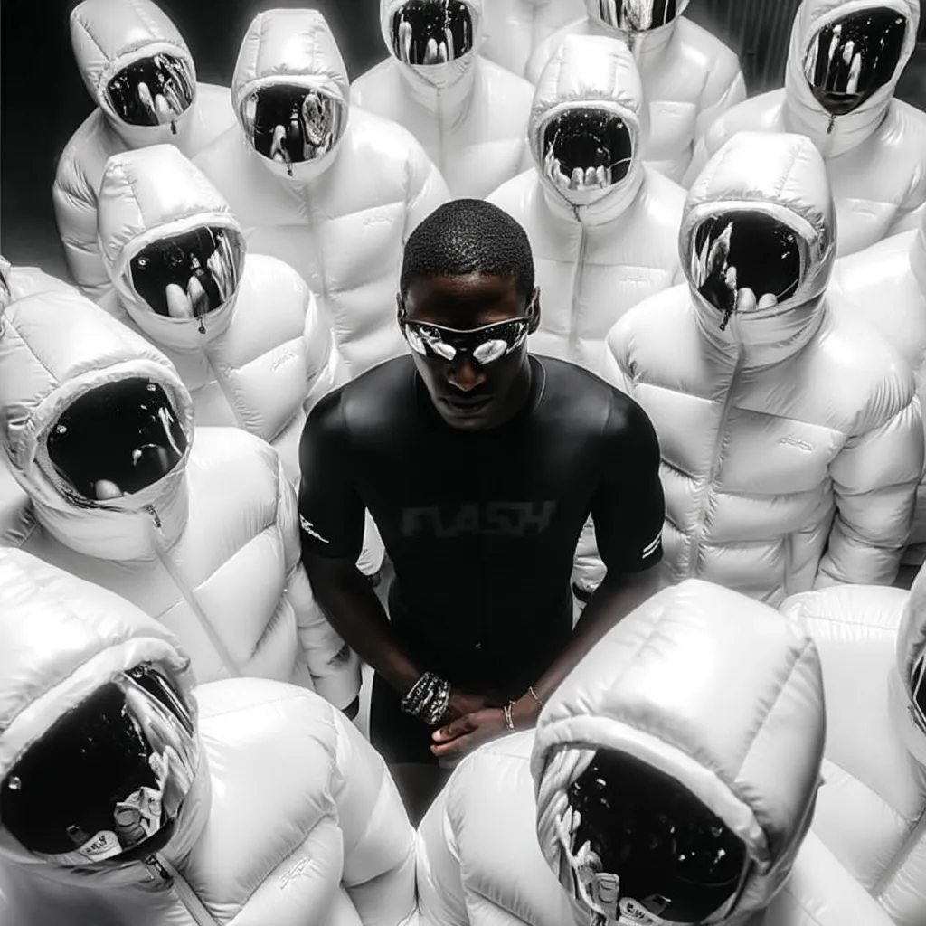 A dark-skinned man in a black "FLASH" shirt stands surrounded by figures in white hooded puffer jackets with face shields. The jackets are voluminous and appear futuristic. The scene is darkly lit, creating a dramatic contrast between the black shirt and the bright white jackets. The overall image evokes a sense of mystery and anonymity.