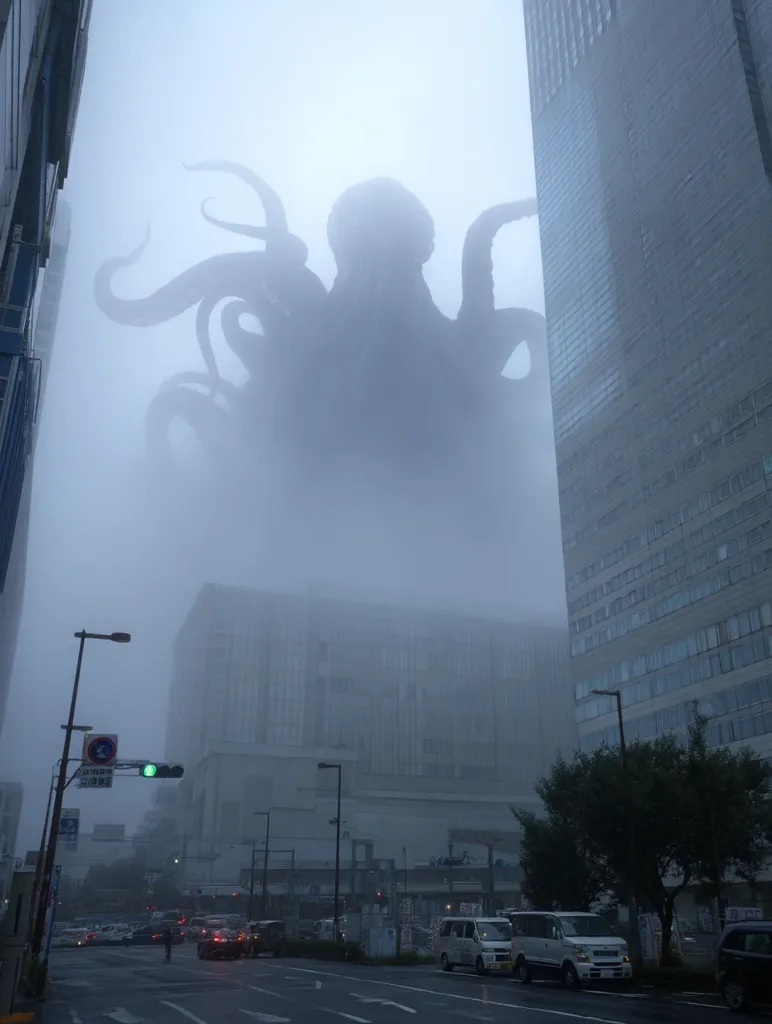 A colossal, shadowy octopus looms over a city shrouded in thick fog.  Modern buildings are partially obscured by the mist and the creature's immense form, creating a surreal and unsettling atmosphere.  Cars navigate a city street in the foreground, dwarfed by the looming presence. The scene evokes a sense of impending dread and awe-inspiring scale.