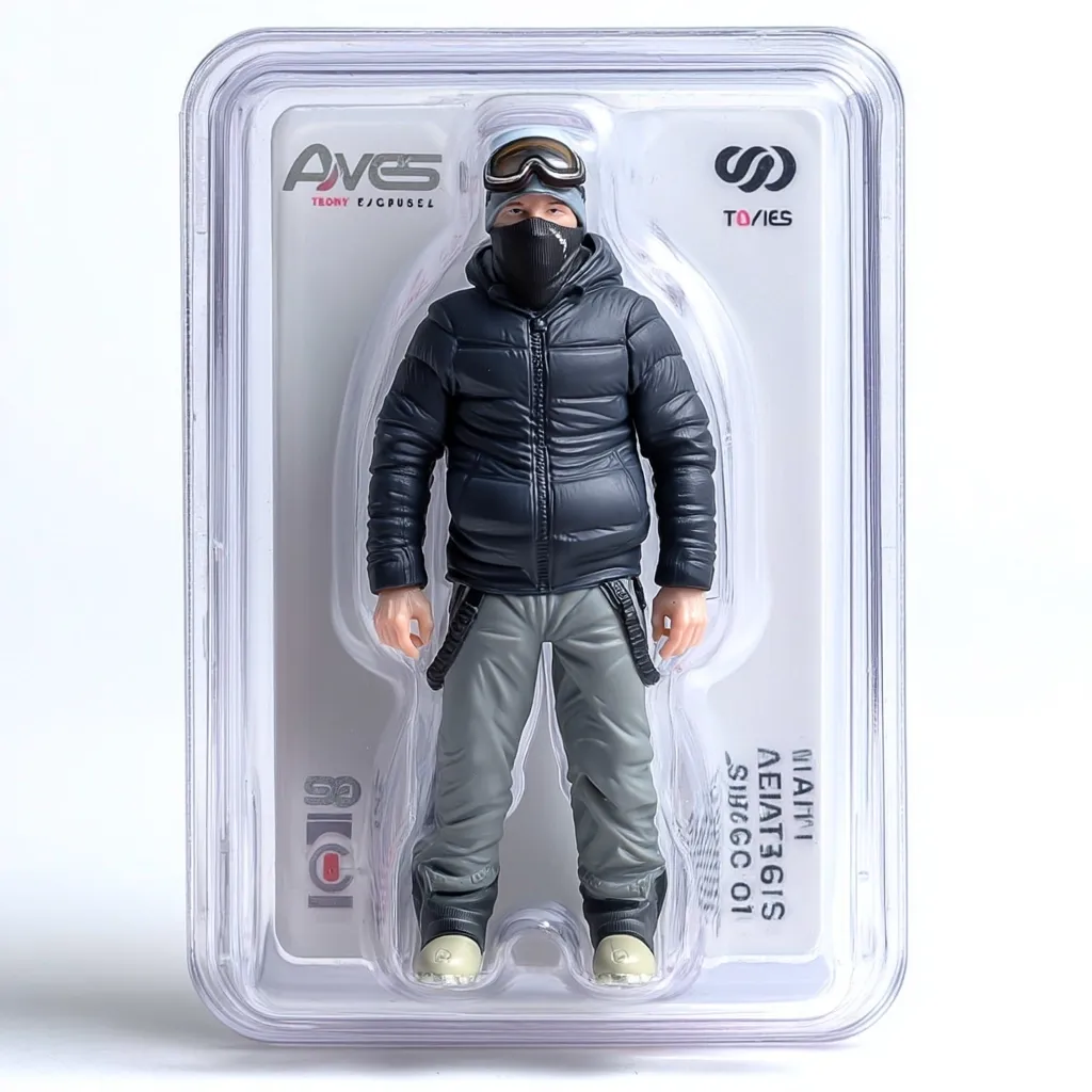 A collectible action figure of a snowboarder is displayed in a clear plastic case.  The figure wears a dark puffer jacket, gray pants, ski goggles, and a balaclava.  The packaging features the AVES and TO/IES logos. The figure is detailed, with visible stitching and texture on the clothing. The overall aesthetic is modern and minimalist.