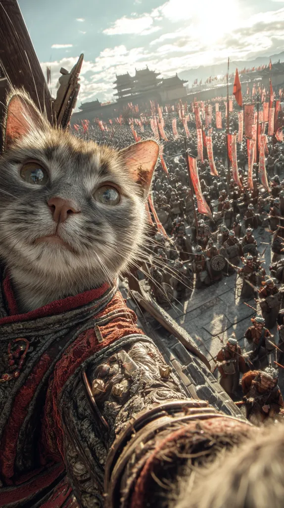 A grey tabby cat, seemingly wearing ancient Chinese armor, takes a selfie.  Behind it stretches a vast army, arrayed before a grand city gate under a bright, sunny sky. Red banners wave amongst the soldiers, creating a dramatic and surreal scene. The cat's expression is calm and observant, contrasting the intensity of the battlefield.