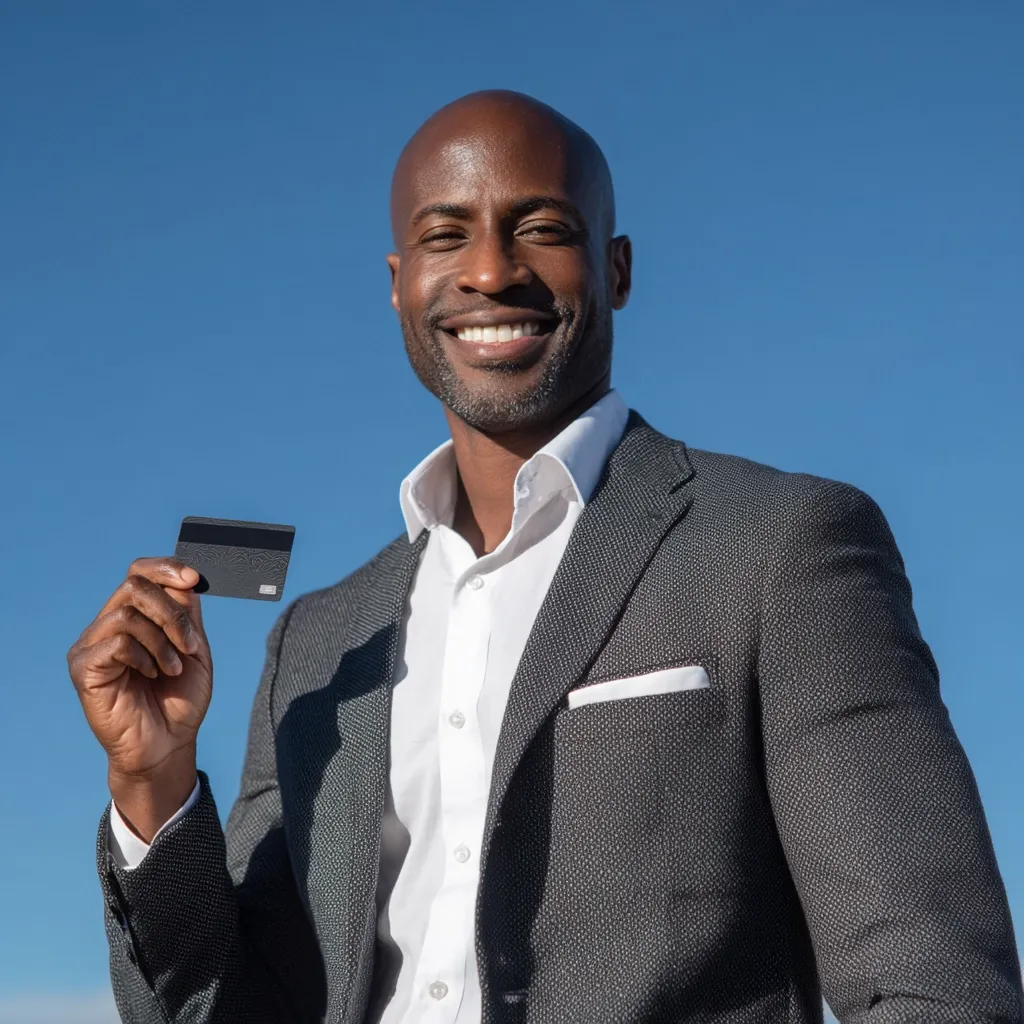 A smiling Black man in a gray suit and white shirt holds up a black credit card against a clear blue sky.  He looks directly at the camera with a broad, friendly smile. The image conveys a sense of success and financial confidence. The lighting is bright, suggesting an outdoor setting on a sunny day.