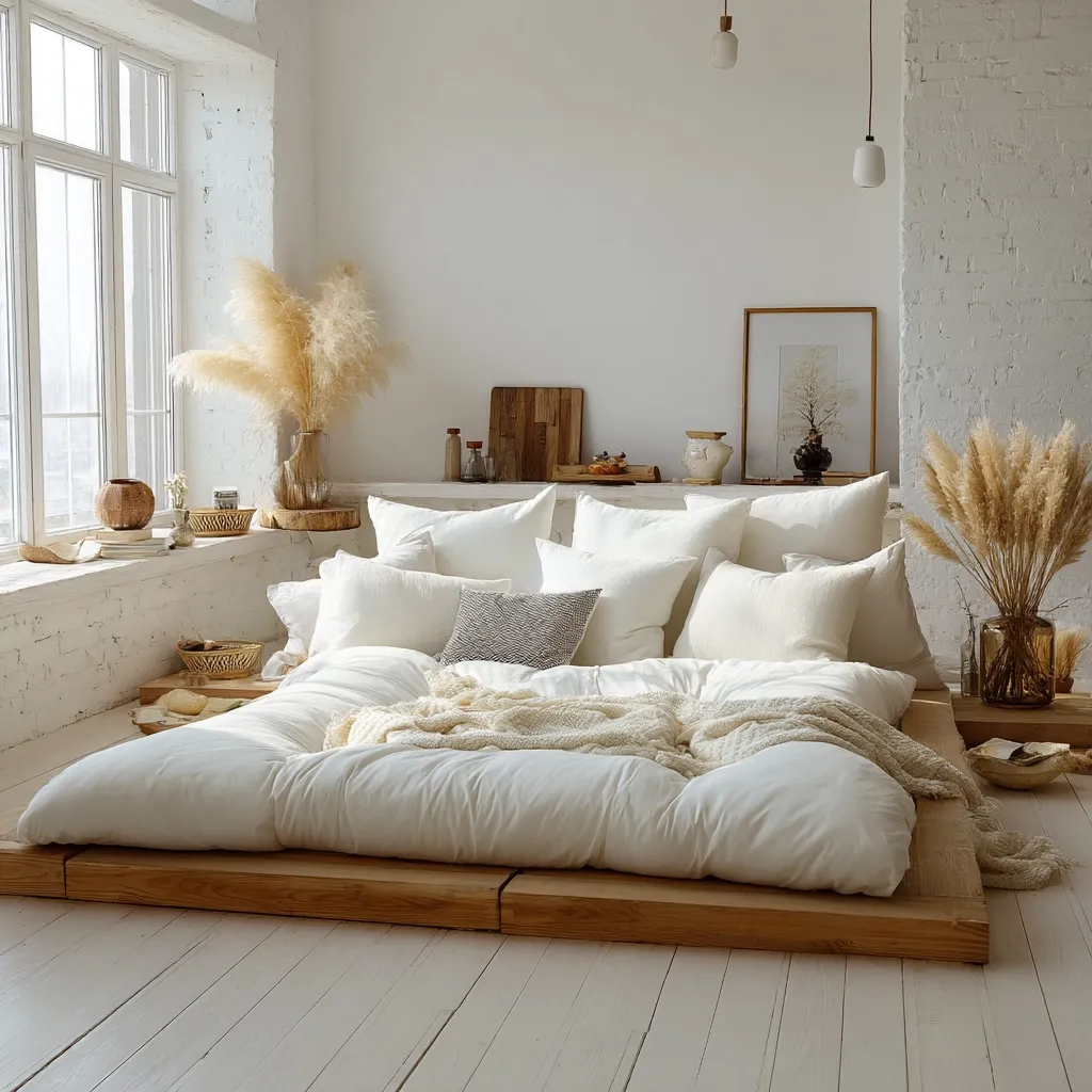 A minimalist bedroom features a low platform bed with a thick white mattress, layered with plush white pillows and a cozy cream-colored throw.  Dried pampas grass adds texture in glass vases, complementing the bright, airy space. Natural light streams through a large window, highlighting the whitewashed brick wall and light wood accents.  The overall aesthetic is serene and calming.