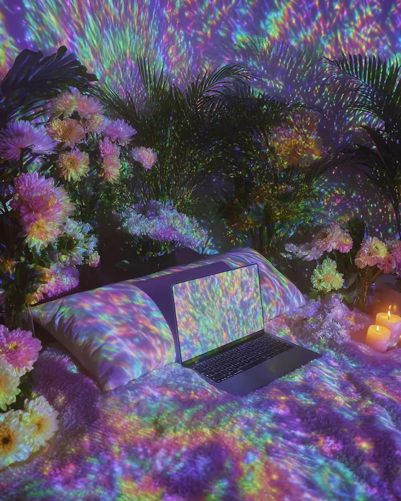 A laptop rests on a fluffy, pastel-colored blanket, illuminated by a vibrant, iridescent projection.  Surrounding the bed are lush tropical plants and blooming flowers, creating a dreamy, ethereal atmosphere.  Burning candles add to the magical, whimsical scene, bathed in a spectrum of rainbow hues. The overall aesthetic is calming and fantastical.