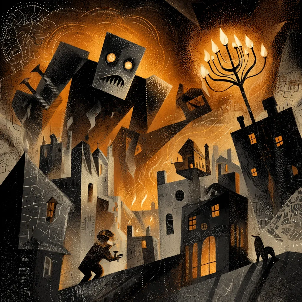 A monstrous, blocky robot looms over a medieval town, its glowing eyes menacing.  The city is depicted in dark, stylized architecture, with flickering lights suggesting a night setting. A small figure, possibly a townsperson, crouches on a rooftop, seemingly observing or reacting to the giant.  The scene is filled with a fiery, ominous glow, creating a sense of impending destruction and fear.  A menorah stands tall, a stark contrast against the looming threat.