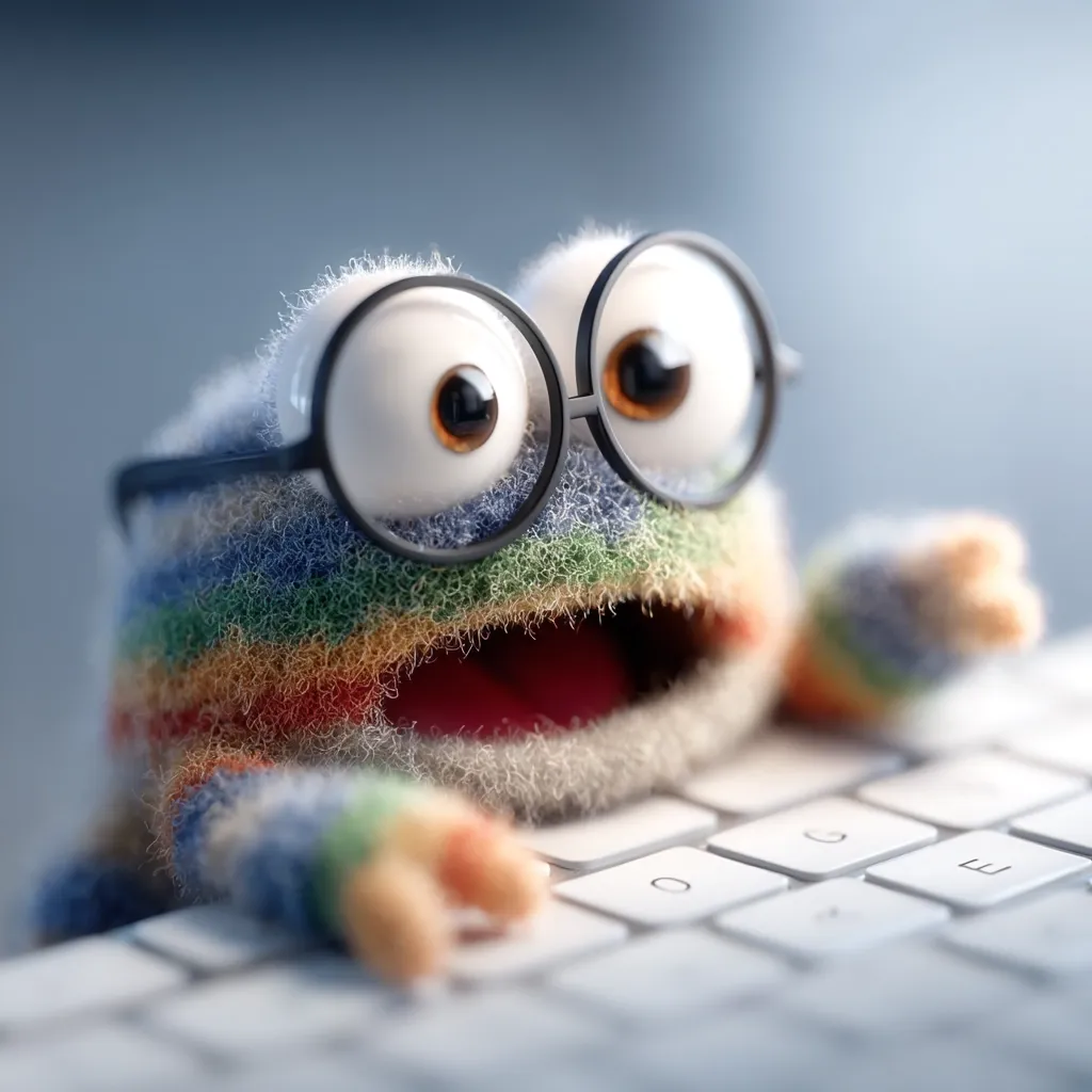 A fluffy, colorful creature with large round glasses peers over a computer keyboard.  Its wide eyes and open mouth suggest excitement or surprise. The creature's knitted-like texture and playful design create a charming and whimsical image.  It appears to be interacting with the technology, possibly typing or exploring.
