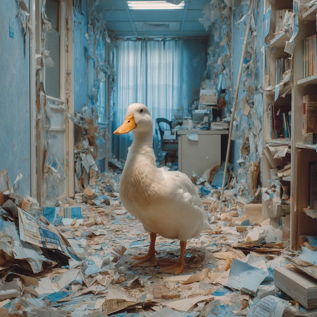 A white duck stands calmly amidst the chaos of a dilapidated room.  Torn wallpaper, scattered papers, and debris cover the floor.  The room's blue walls are peeling, revealing the underlying structure.  A desk and bookcase are partially visible, adding to the scene of disarray. The duck's serene presence contrasts sharply with the surrounding destruction.
