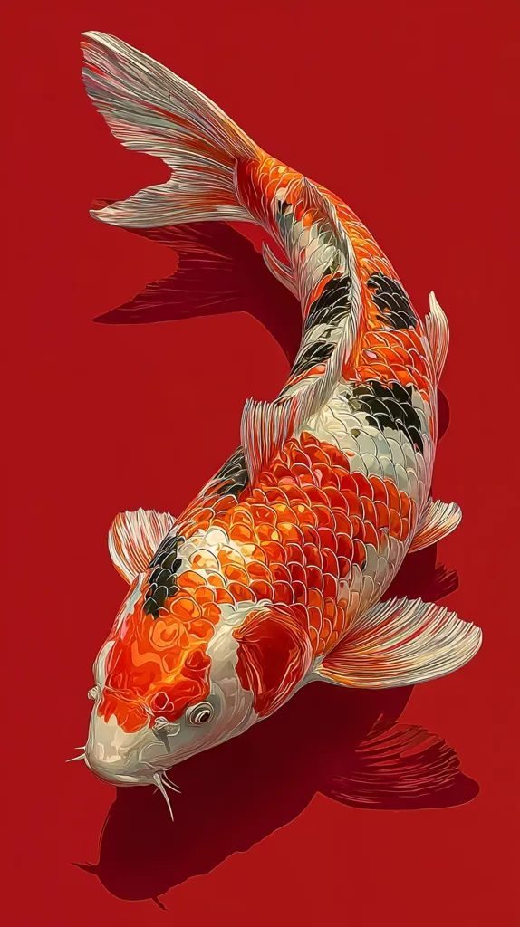 A vibrant koi fish, predominantly orange and white with black markings, is depicted against a deep red background.  Its scales shimmer, and its fins are elegantly spread. The fish is positioned slightly angled, creating a dynamic composition.  The sharp detail highlights the koi's intricate patterns and textures. Its shadow is cast below, adding depth to the image.