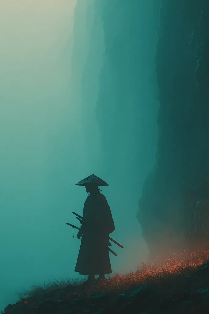 A lone samurai, silhouetted against a misty teal landscape, stands on a rocky outcrop.  He wears a traditional conical hat and carries two swords at his side.  A large, dark cliff face looms behind him, shrouded in fog. The overall mood is serene yet mysterious, evoking a sense of solitude and contemplation.  The scene is dramatically lit, emphasizing the figure's isolation.