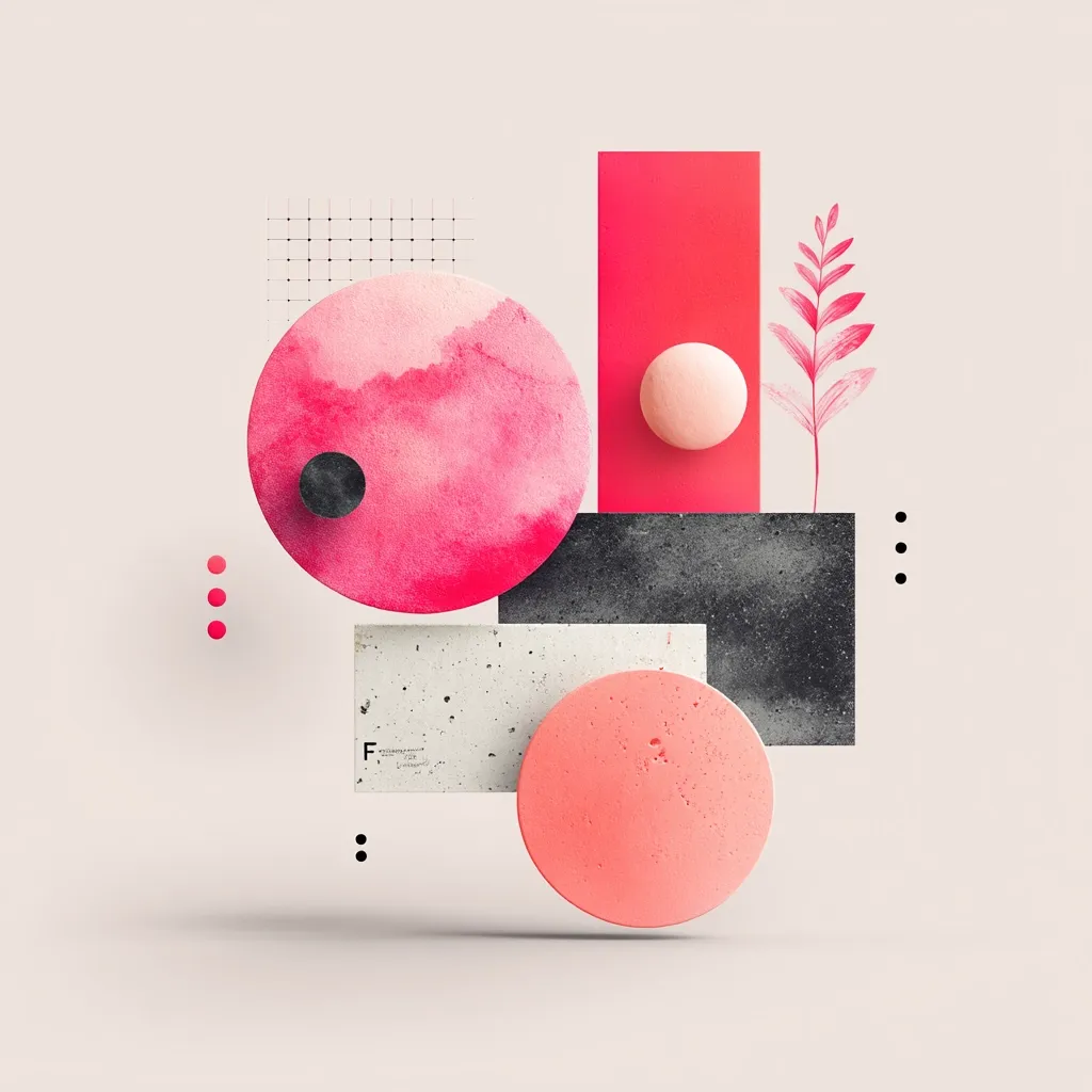 A minimalist abstract composition features overlapping geometric shapes and organic elements.  Pink and coral circles, textured rectangles in gray and red, and a stylized pink leaf are arranged against a pale background.  Small dots and a grid pattern add subtle detail. The overall effect is a visually balanced and serene image.