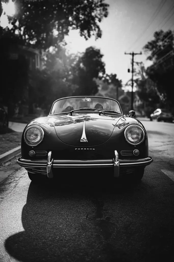 A classic black Porsche 356 Cabriolet is parked on a city street, bathed in sunlight. The monochrome image emphasizes the car's sleek lines and iconic design. The background is softly blurred, drawing focus to the vehicle.  The street is mostly empty, adding to the sense of calm and timeless elegance.