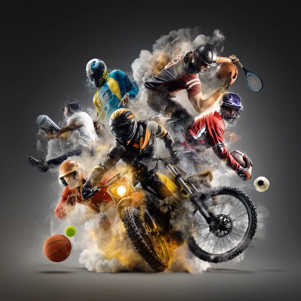 A dynamic composite image showcases diverse athletes in action.  A motocross rider dominates the center, surrounded by figures engaged in rugby, American football, tennis, and other sports.  Explosions of smoke and dust create a powerful, energetic feel, emphasizing the speed and intensity of competition.  The image celebrates the thrill and excitement of various athletic pursuits.