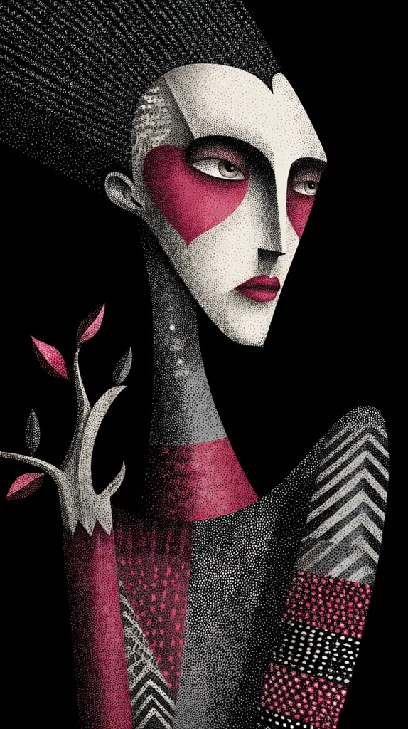 A stylized portrait of a woman with dark, spiky hair. Her face is angular, with crimson heart-shaped markings on her cheeks.  She wears a patterned garment in shades of black, grey, and crimson, featuring geometric designs. A small, stylized plant branch rests delicately in her hand. The pointillist style creates a textured, almost grainy effect. The background is solid black, emphasizing the figure.