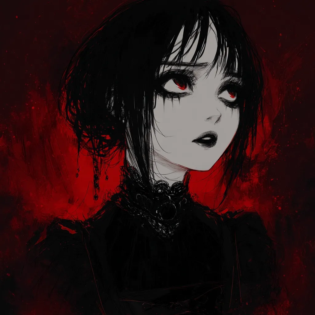 A digital illustration depicts a young woman with dark hair styled in a bun, adorned with dangling ornaments.  Her pale face features dark, dramatic eye makeup and red eyes. She wears a black, lace-trimmed collar and dress.  The background is a vibrant, textured red, creating a striking contrast with the dark figure. The overall style is gothic and evocative of melancholy.