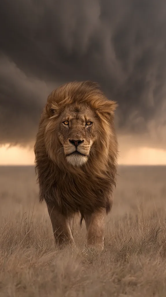 A majestic male lion with a thick, dark mane walks towards the camera across a dry, golden savanna.  A dramatic, dark storm cloud fills the background, creating a powerful contrast between the lion and the threatening sky. The lion's intense gaze conveys strength and dominance. The overall image evokes a sense of wild beauty and power.