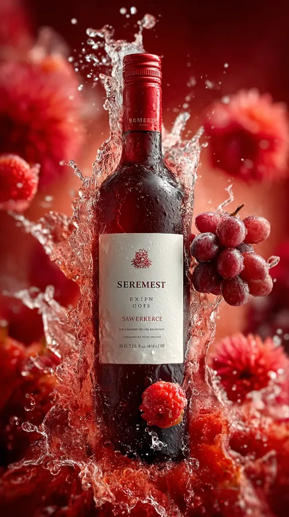 A bottle of Seremeist Exiën Oofs Sauerkerce wine is shown, dramatically splashed with water.  Red grapes and strawberries surround the bottle, creating a vibrant, red-toned composition.  The image emphasizes the wine's rich color and the freshness of the fruit, suggesting a fruity and invigorating drink. The overall aesthetic is luxurious and appealing.