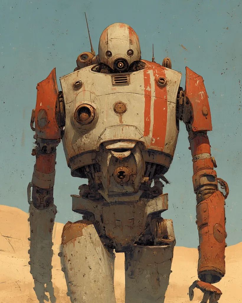 A weathered, bipedal robot stands in a desert landscape. Its body is predominantly off-white with rusty red accents, suggesting age and wear. The robot's design is intricate, revealing exposed mechanical components and a worn surface.  Its head is rounded, featuring small, circular windows for eyes and a central sensor. The overall style suggests a post-apocalyptic or sci-fi setting.
