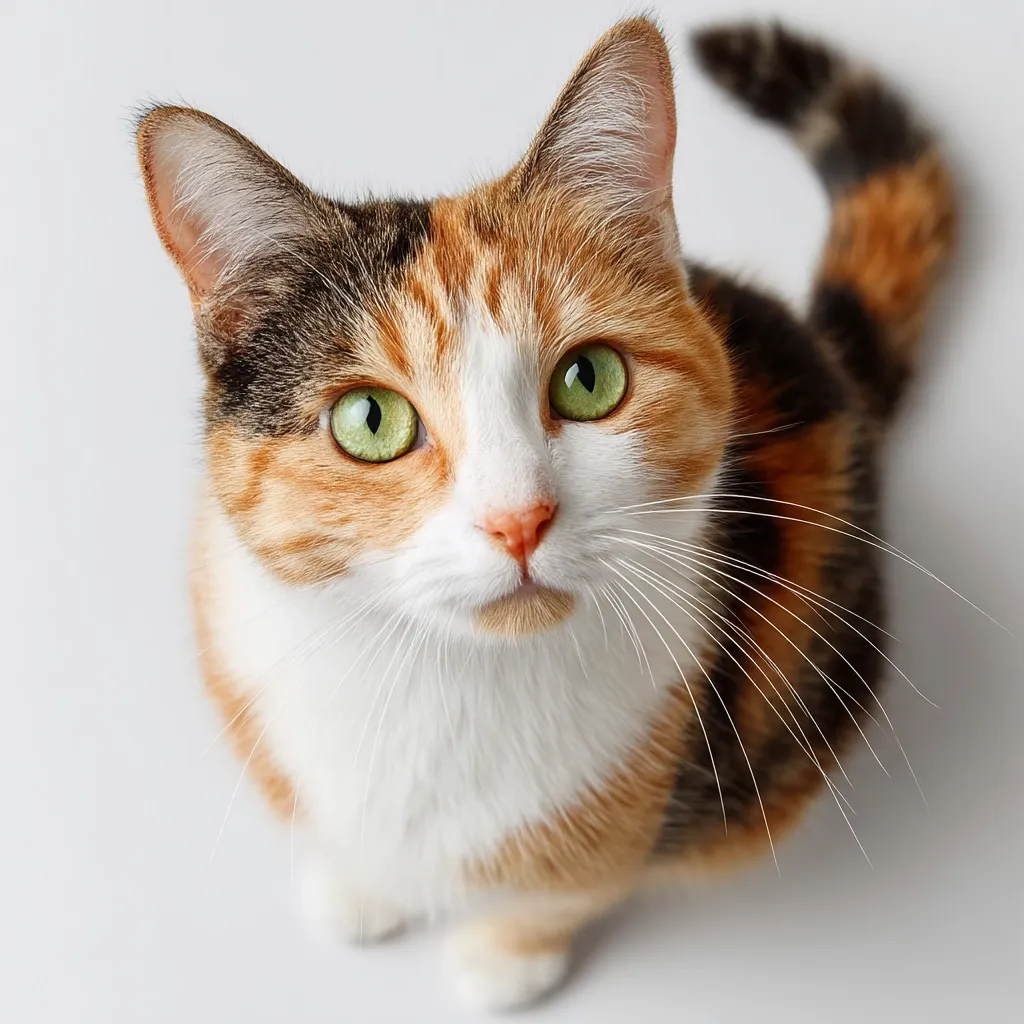 A calico cat with bright green eyes looks directly up at the camera.  Its fur is a mix of orange, black, and white, and its tail curls slightly behind it. The cat is sitting on a plain white background, giving the image a clean, simple look.  Its expression is curious and alert.