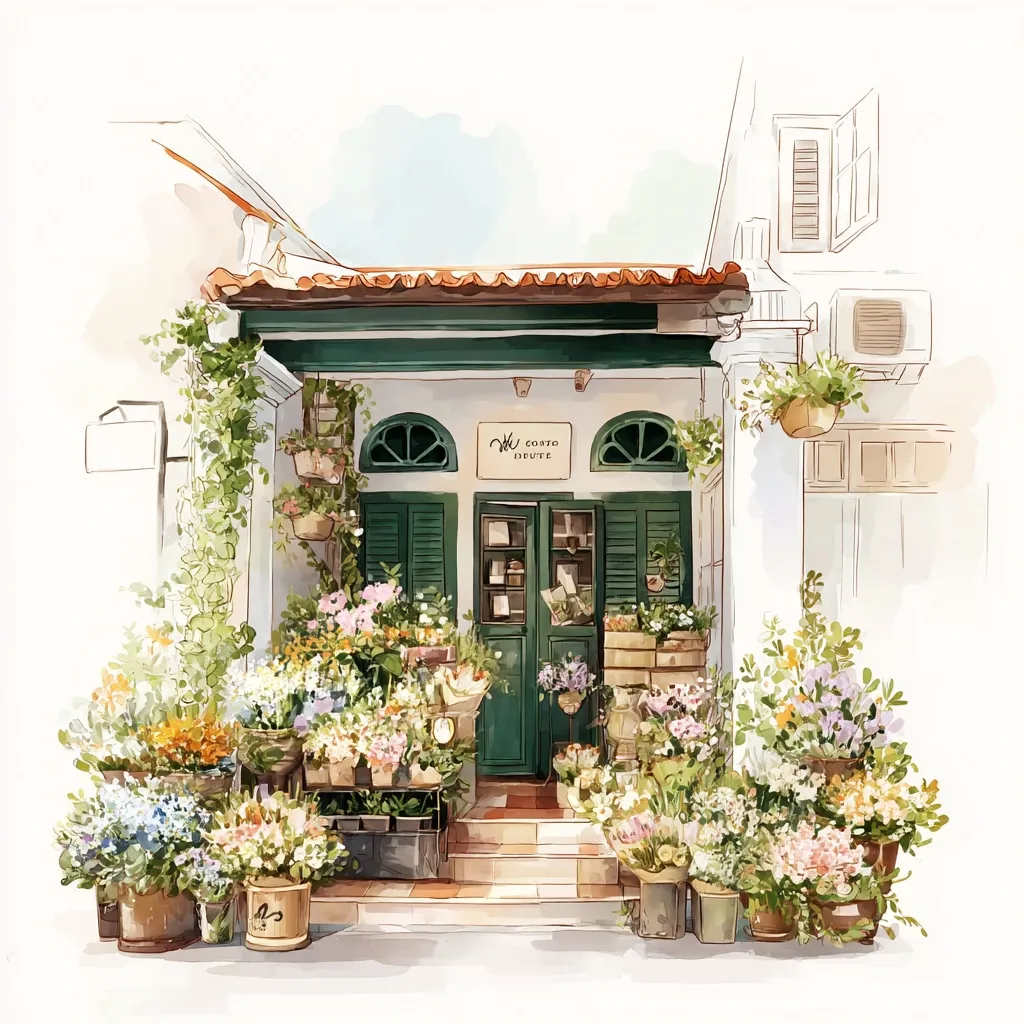 A watercolor painting depicts a charming flower shop, "Costo Inute," nestled in a quaint building.  The green-doored shop is overflowing with colorful bouquets and potted plants, spilling onto the steps and sidewalk.  Ivy climbs the building's white walls, adding to the idyllic, romantic atmosphere. Hanging baskets and window boxes further enhance the floral display. The overall style is soft and whimsical.