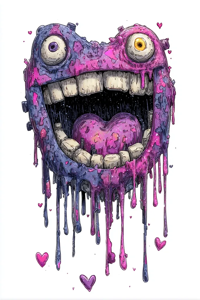 A vibrant, cartoonish creature with a wide, gaping mouth dominates the image.  Its face is a melting blend of purple and pink, with large, expressive eyes.  The creature's teeth are prominent, and its tongue is a heart shape.  Dripping paint-like textures extend from its body, adding to its surreal and whimsical appearance. Small hearts are scattered around the figure, enhancing its playful and slightly macabre aesthetic.
