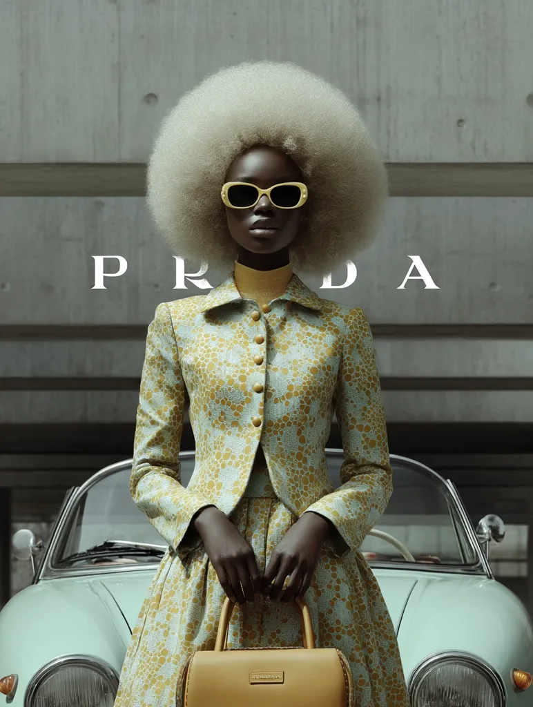 A fashion model with a large afro hairstyle wears pale yellow sunglasses and a retro-style Prada outfit.  The ensemble features a light teal, patterned jacket and skirt, complemented by a tan handbag.  She stands elegantly before a vintage light green car, the Prada logo subtly visible in the background. The image evokes a sense of classic style and sophistication.
