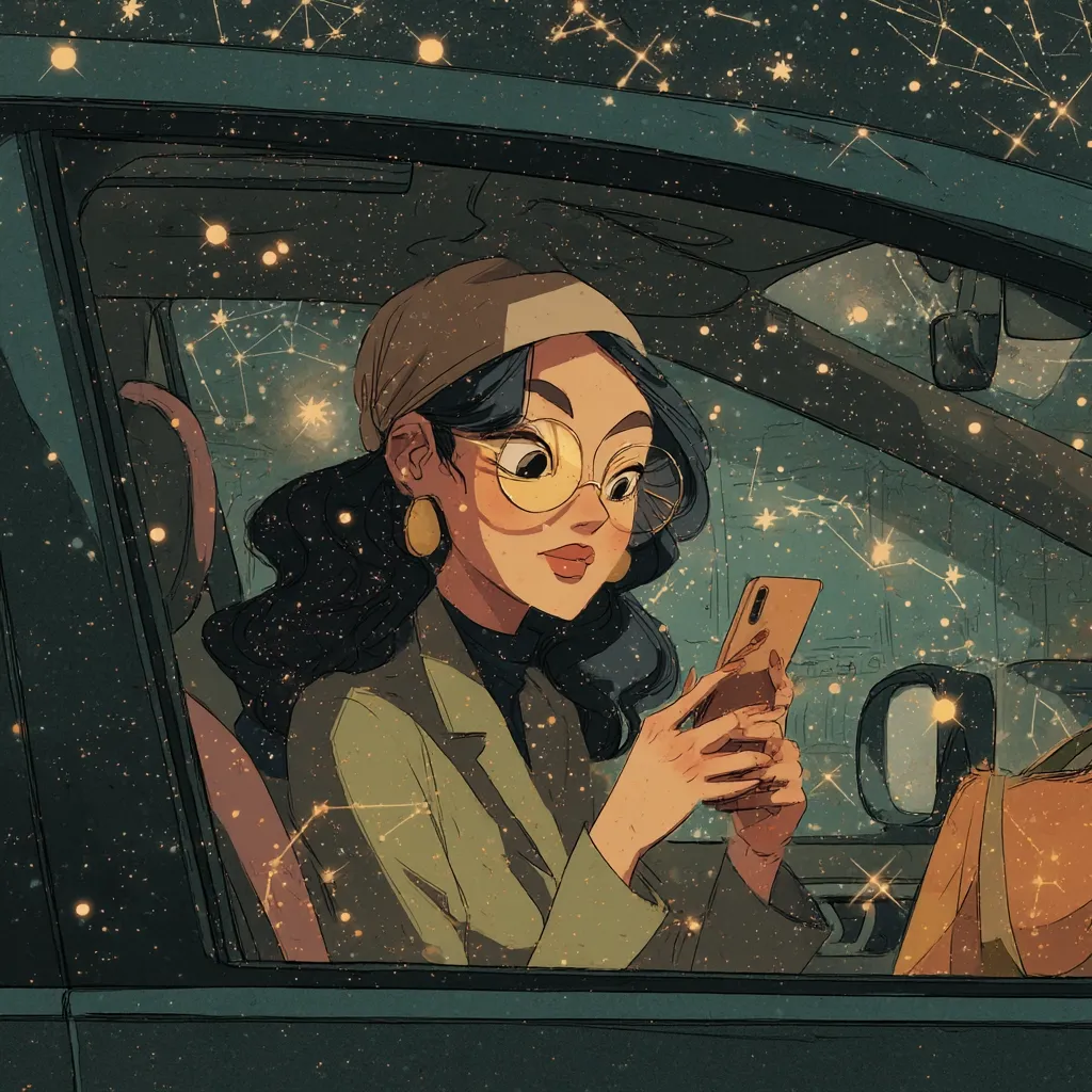 A stylish young woman with dark hair and round glasses sits in a car, engrossed in her phone. She wears a beige headscarf and a sage green jacket.  The car window is speckled with a dreamy, starry effect, creating a whimsical, nighttime atmosphere.  The overall style is reminiscent of contemporary illustration or graphic design.