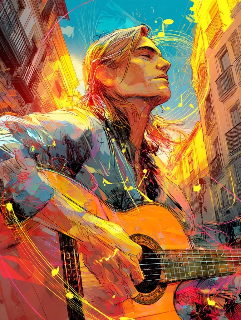A vibrant, expressive painting depicts a long-haired man playing a classical guitar.  The style is energetic and abstract, with bold strokes of yellow, orange, and blue dominating the canvas. Musical notes swirl around the figure, suggesting movement and sound. The background hints at a city street scene, adding a layer of urban context to the musical performance.  The overall mood is one of passionate creativity and artistic freedom.