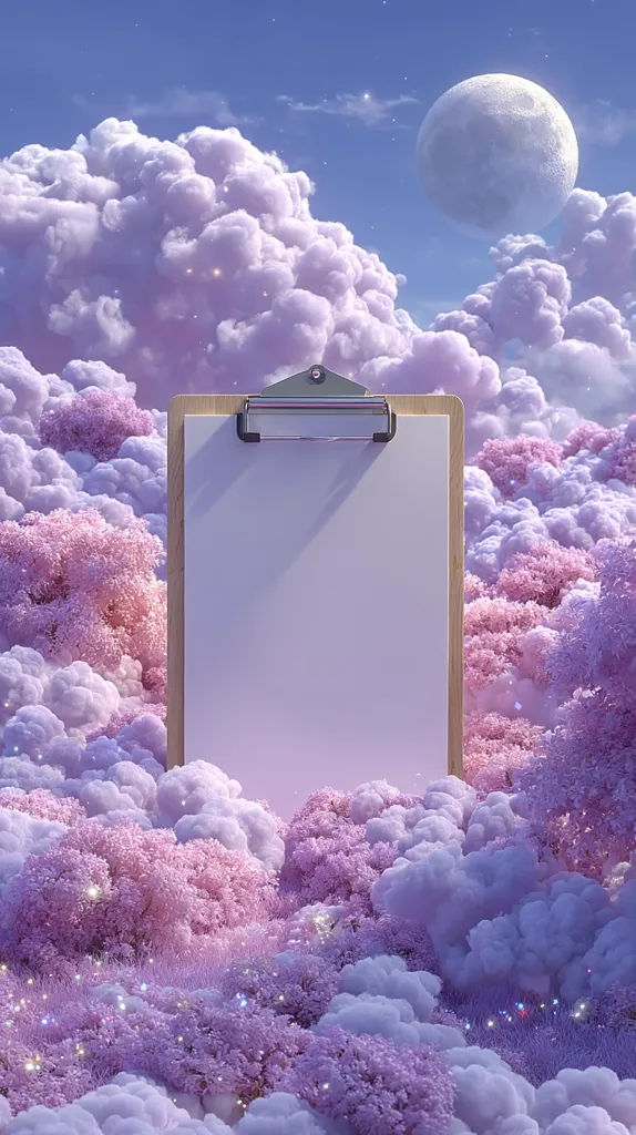 A blank clipboard stands in a dreamy landscape of pastel purple clouds and flowering trees under a large, bright moon.  The scene is ethereal and whimsical, with soft lighting and a gentle atmosphere.  Tiny sparkling lights add to the magical feel. The overall aesthetic is serene and peaceful.