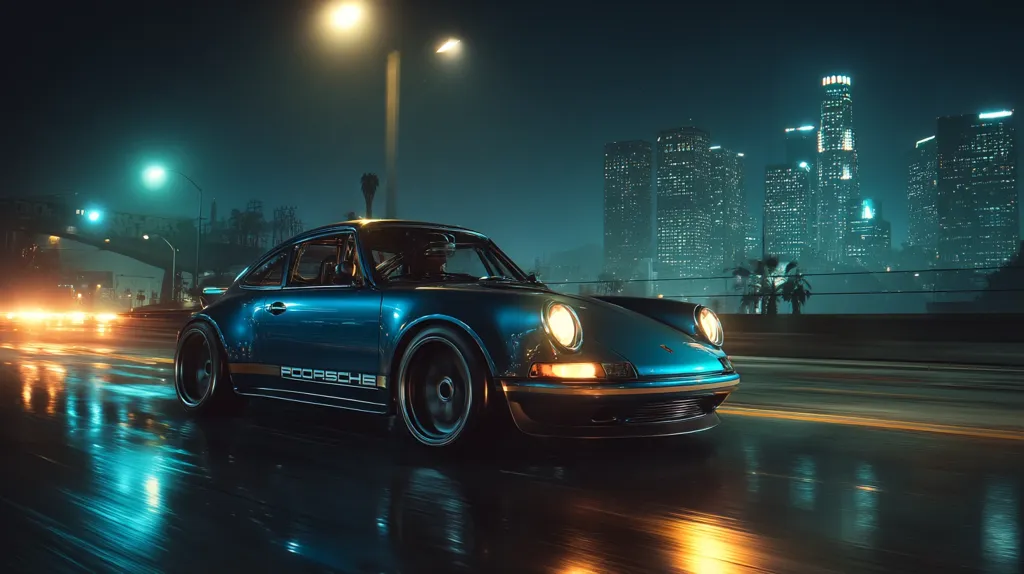 A teal Porsche 911 cruises down a rain-slicked city street at night.  The Los Angeles skyline, shimmering with lights, forms a dramatic backdrop.  The car's headlights cut through the darkness, reflecting in the wet pavement.  The overall mood is one of stylish speed and nocturnal urban beauty.