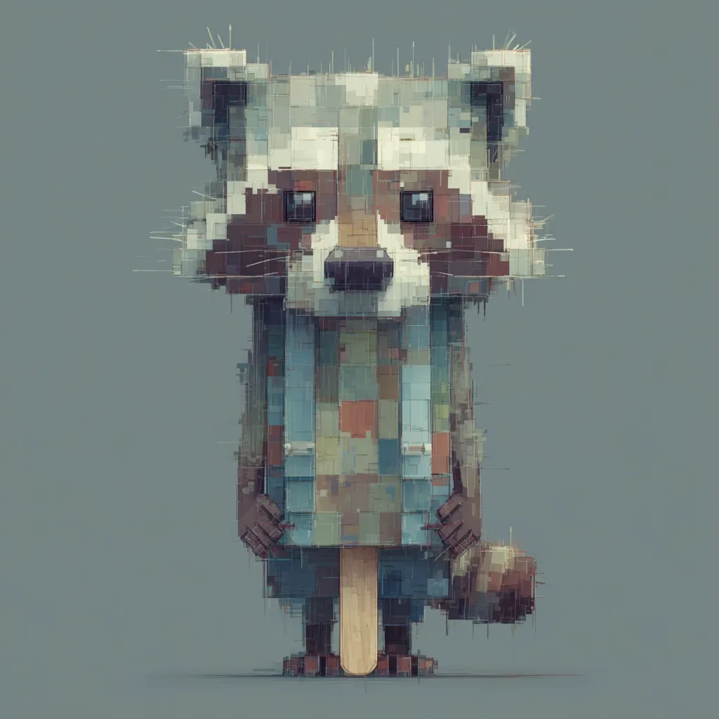 A pixelated illustration of a raccoon depicted as a popsicle.  The raccoon's features are simplified into blocks of color, creating a low-resolution, almost cubist effect.  It's wearing what appears to be overalls or suspenders, further enhancing the playful, whimsical nature of the artwork. The overall palette is muted, using earth tones and blues. The style is reminiscent of digital art and graphic design.