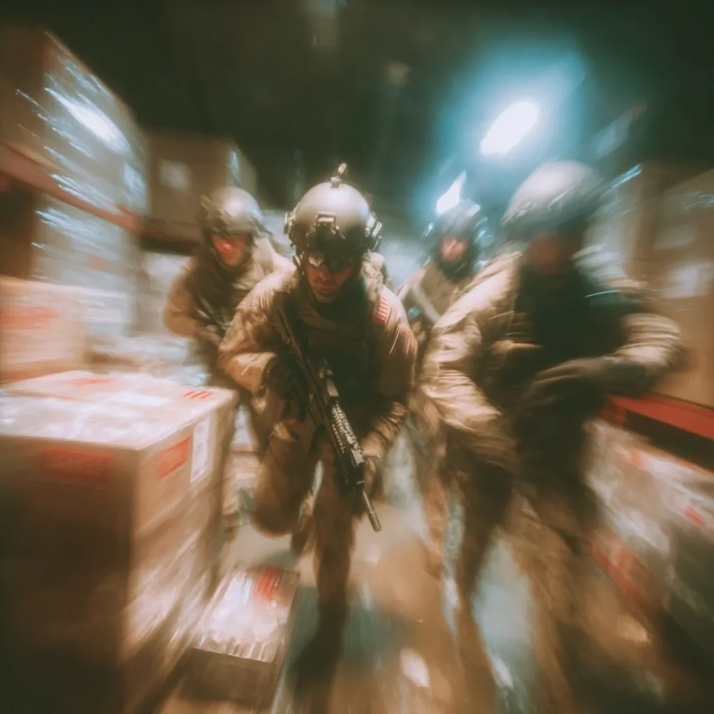 A soldier, armed with a rifle, leads a team through a dimly lit warehouse.  Boxes blur in motion, suggesting a rapid movement.  The soldiers are clad in tactical gear and helmets, their faces partially obscured.  The scene is dynamic and suggestive of a high-stakes operation.  The overall effect is one of urgency and intensity.