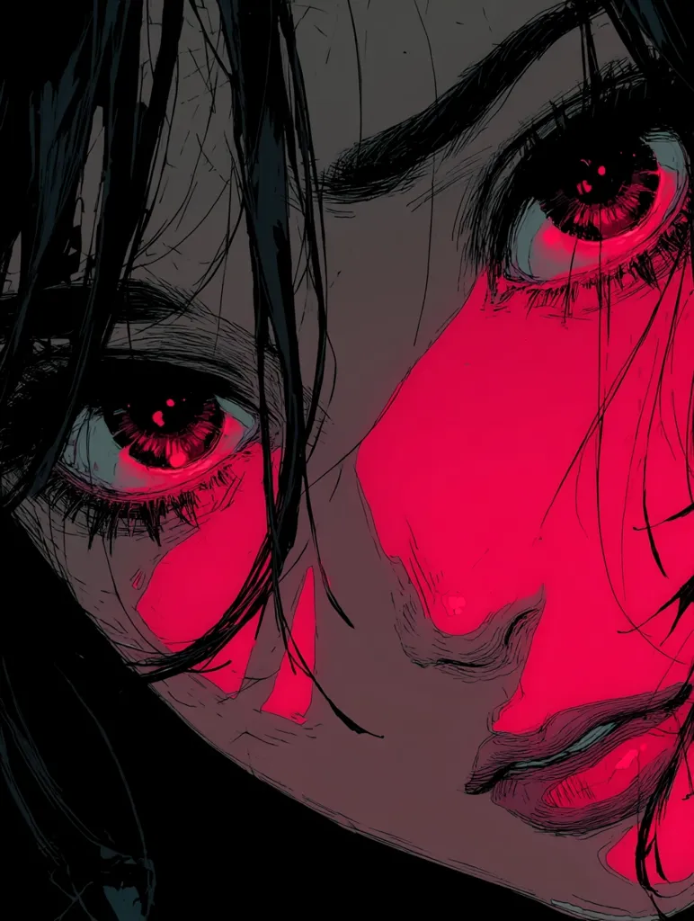 A close-up illustration of a woman's face, rendered in a striking style.  Her dark hair frames a face partially illuminated by vibrant crimson light, highlighting her eyes and features. The art style is expressive and detailed, with visible brushstrokes creating texture and depth. The overall mood is intense and somewhat mysterious.