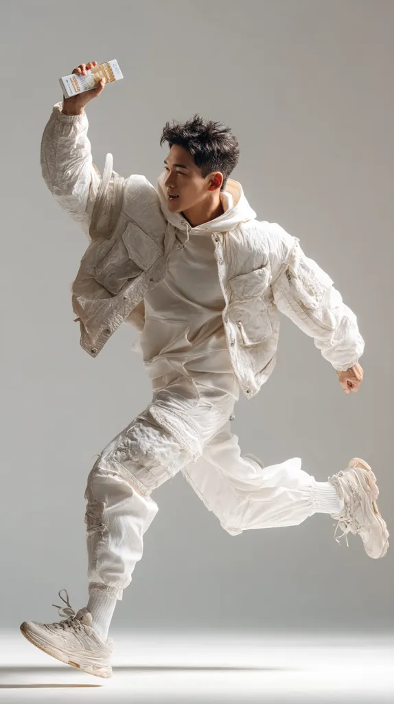 A young man in an all-white outfit leaps dynamically across a grey background. He wears a textured jacket, loose pants, and sneakers.  His pose suggests energetic movement, possibly dance or parkour. He holds a rectangular object aloft in his right hand. The monochromatic color scheme emphasizes the fluidity of his motion.