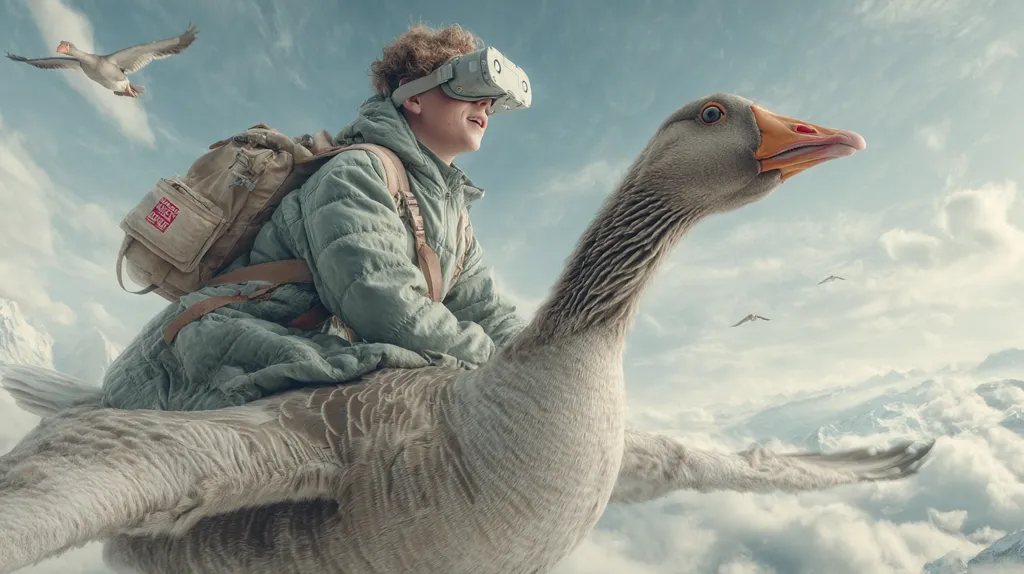 A young boy wearing a VR headset sits atop a giant goose soaring through a cloudy sky.  He carries a backpack, and smaller birds fly in the distance.  The scene is surreal and fantastical, suggesting a virtual reality experience or a dreamlike state.  The snowy mountain peaks are visible below the clouds.
