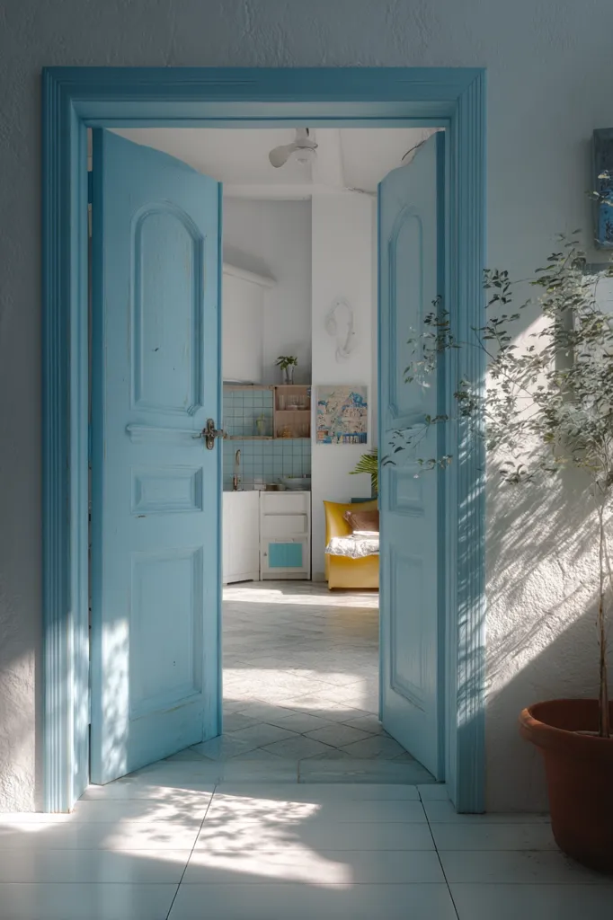 Sunlight streams through a doorway revealing a bright, airy kitchen.  Pale blue double doors, slightly ajar, frame the view.  The kitchen features white cabinetry, light blue tiled backsplash, and a yellow armchair. A potted plant stands near the doorway, casting dappled shadows on the floor.  The overall aesthetic is clean and minimalist.