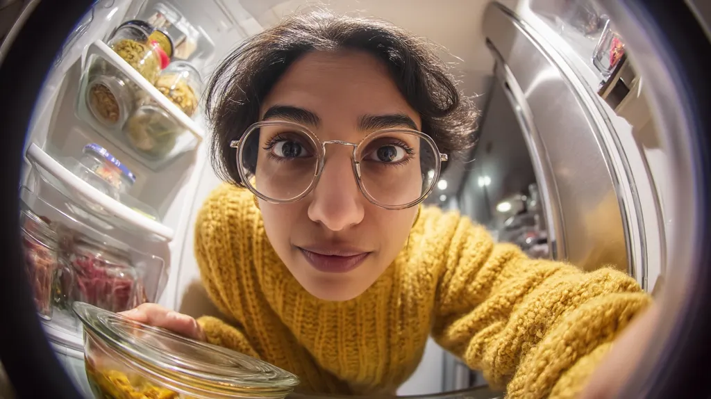 A young woman with round glasses leans into a refrigerator, her face close to the camera in a fish-eye lens perspective. She wears a yellow sweater and is reaching for a glass container, seemingly searching for a snack.  The refrigerator is well-organized with various jars and containers visible on the shelves.  The image creates a playful and intimate feel.