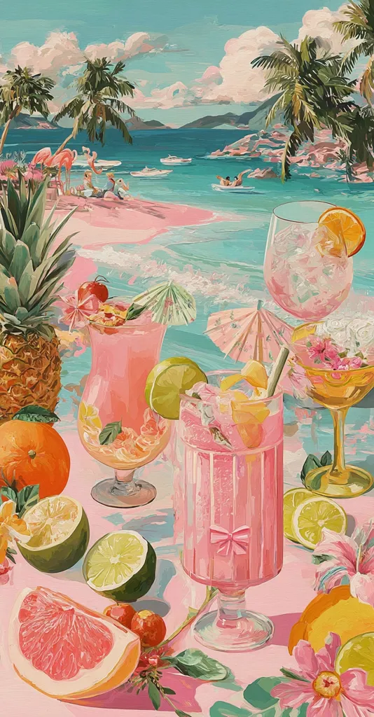 A vibrant painting depicts a tropical beach scene with pink cocktails, fresh fruit, and palm trees.  Pink flamingoes stand on the beach, where people relax.  The cocktails are garnished with fruit and tiny parasols, creating a cheerful, summery aesthetic.  Limes, oranges, grapefruit, and pineapple add to the abundance of colorful elements. The overall style is bright, playful, and evocative of a tropical vacation.