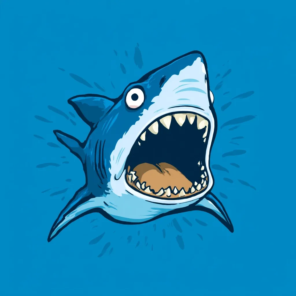 A cartoon great white shark with wide eyes and an open mouth dominates the image.  The shark is depicted in shades of blue against a solid blue background accented with stylized burst lines.  The style is playful and slightly comical, focusing on the shark's exaggerated features.  The overall impression is one of fun and slightly quirky marine imagery.