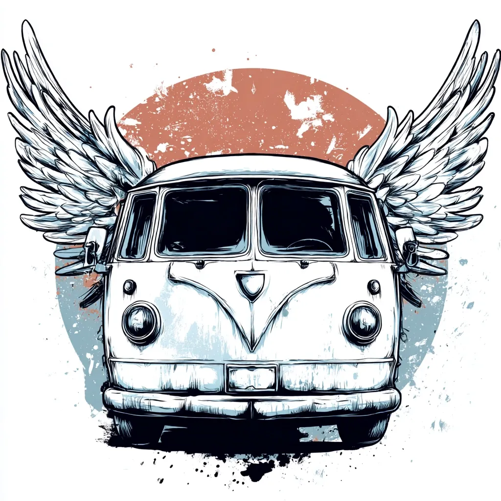 A vintage Volkswagen bus, rendered in a detailed hand-drawn style, is depicted with large, majestic wings extending from either side.  The bus is light-colored, showing signs of age and wear, and sits against a distressed, circular backdrop of muted red and grey.  The overall image evokes a feeling of freedom, adventure, and perhaps a touch of the surreal.