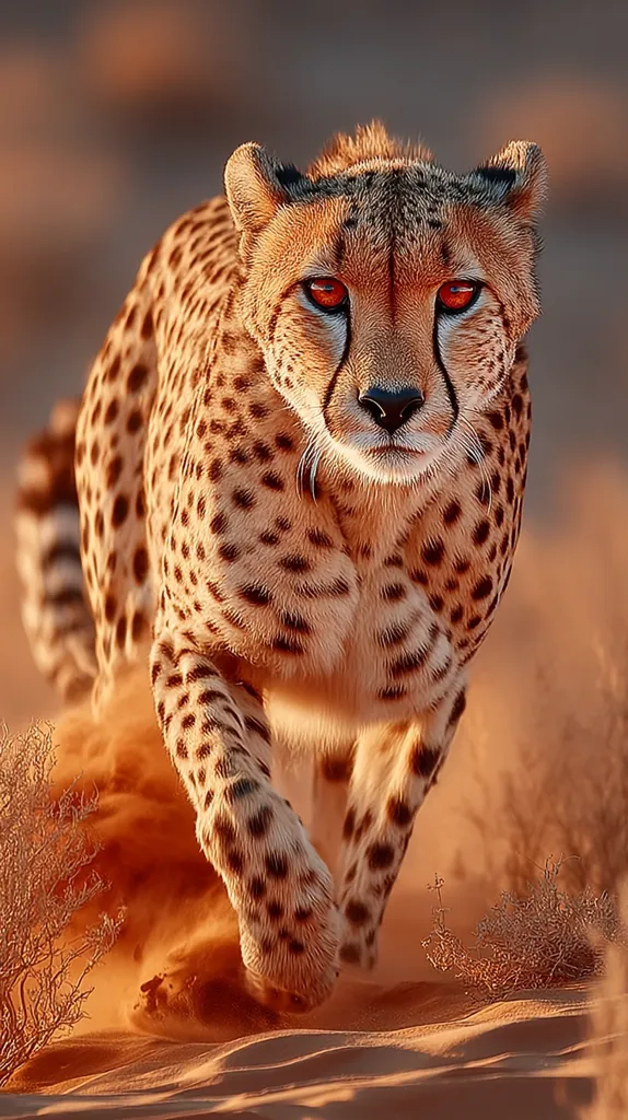 A cheetah, its fur a blend of tawny and black spots, strides purposefully across a desert landscape.  The setting sun casts a warm, orange glow, highlighting the cheetah's powerful build and intense gaze.  Sand kicks up around its paws as it moves with focused determination, its reddish-orange eyes captivating. The scene evokes a sense of wild beauty and untamed power.
