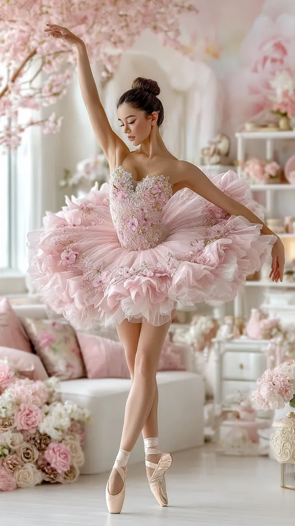 A ballerina in a delicate pink tutu adorned with floral appliqués gracefully poses in a softly lit room.  The tutu's layers create a voluminous effect, complementing the ballerina's elegant posture and pointe shoes. The background features soft pink floral arrangements and a romantic, dreamy atmosphere.  The overall image evokes a sense of ethereal beauty and grace.