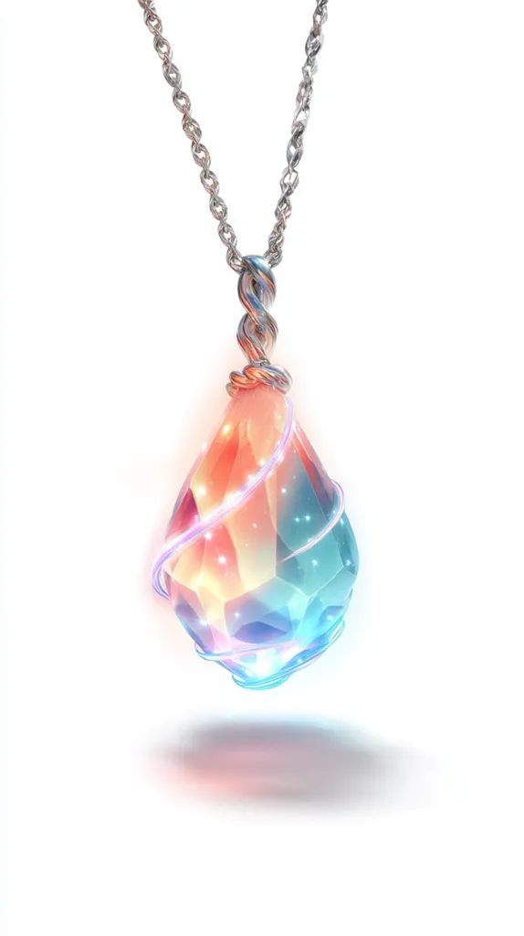 A teardrop-shaped gemstone pendant hangs from a silver chain. The gem displays a mesmerizing blend of pastel orange and teal, emitting a soft, ethereal glow.  The chain is intricately twisted at the pendant's connection, adding to the jewel's magical, fantastical appearance. The overall effect is one of delicate beauty and subtle luminescence.