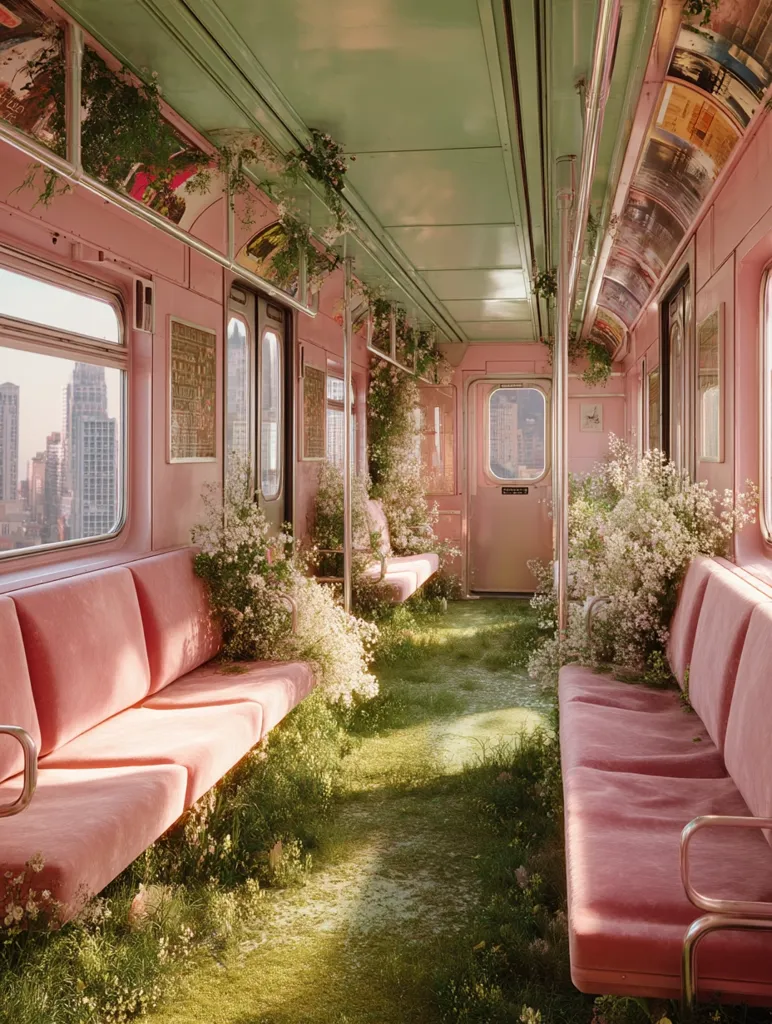 A pastel pink subway car is overgrown with lush greenery and wildflowers.  Sunlight streams through the windows, illuminating the soft pink seating and the vibrant flora covering the floor.  City skyscrapers are visible outside, contrasting the serene, overgrown interior.  The overall aesthetic is dreamy and whimsical, creating a surreal and enchanting scene.